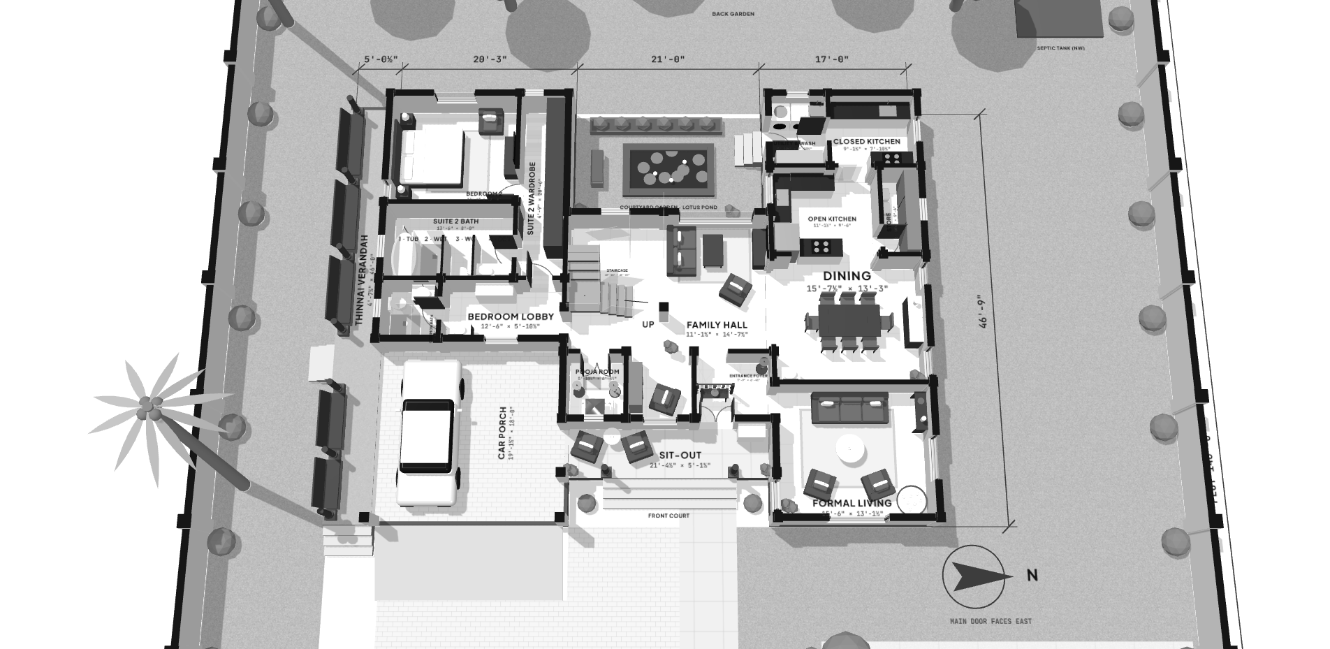 Ground floor of the compact duplex: the same H plan, the same rooms in the same places, each one tighter, with the car porch, thinnai, family hall, dining and formal living all visibly smaller