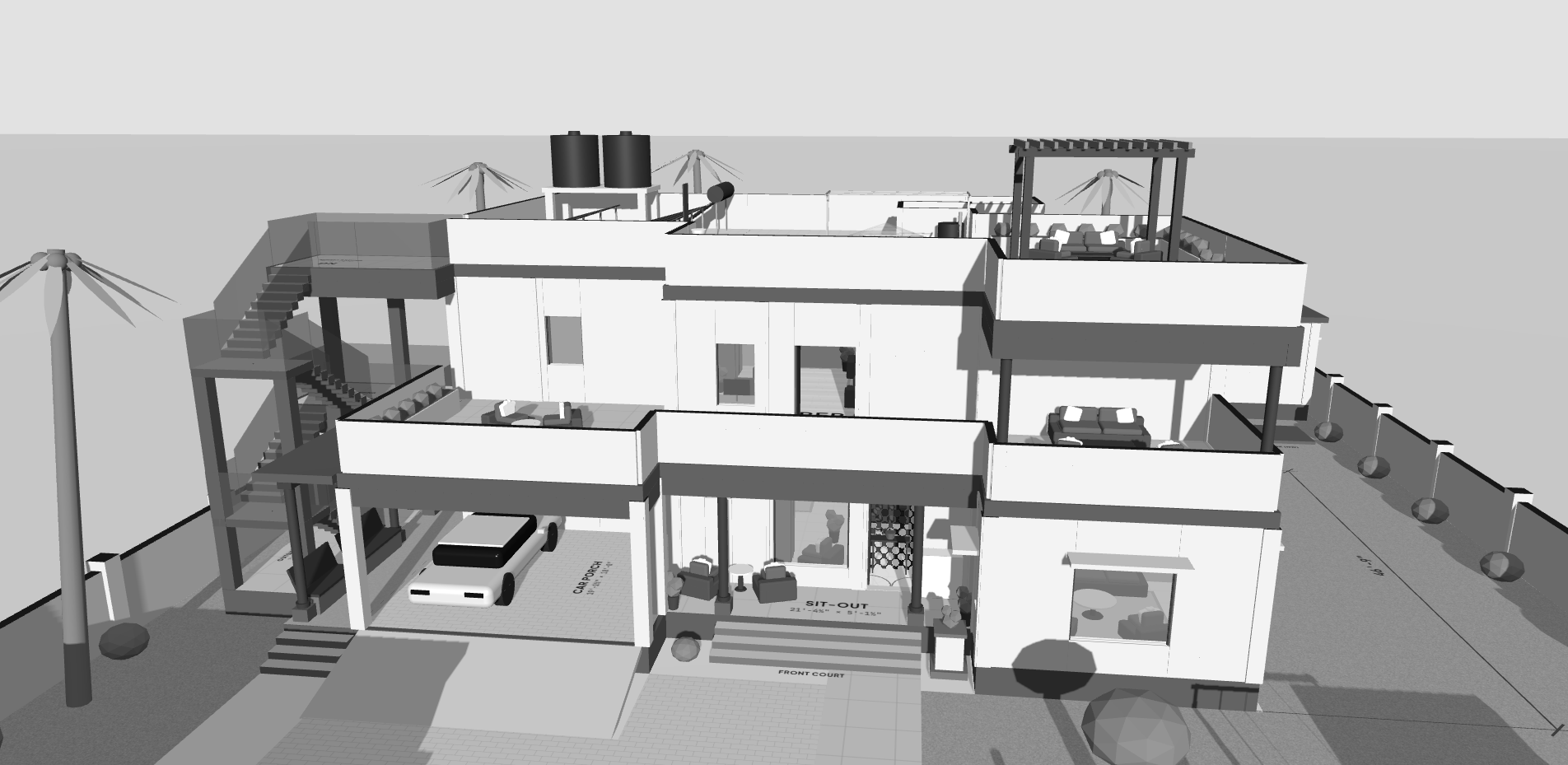 Street view of the Compact Duplex Lite: the same white two-storey house, now with an open concrete stair climbing up the left side beside the car porch to the porch terrace and the roof