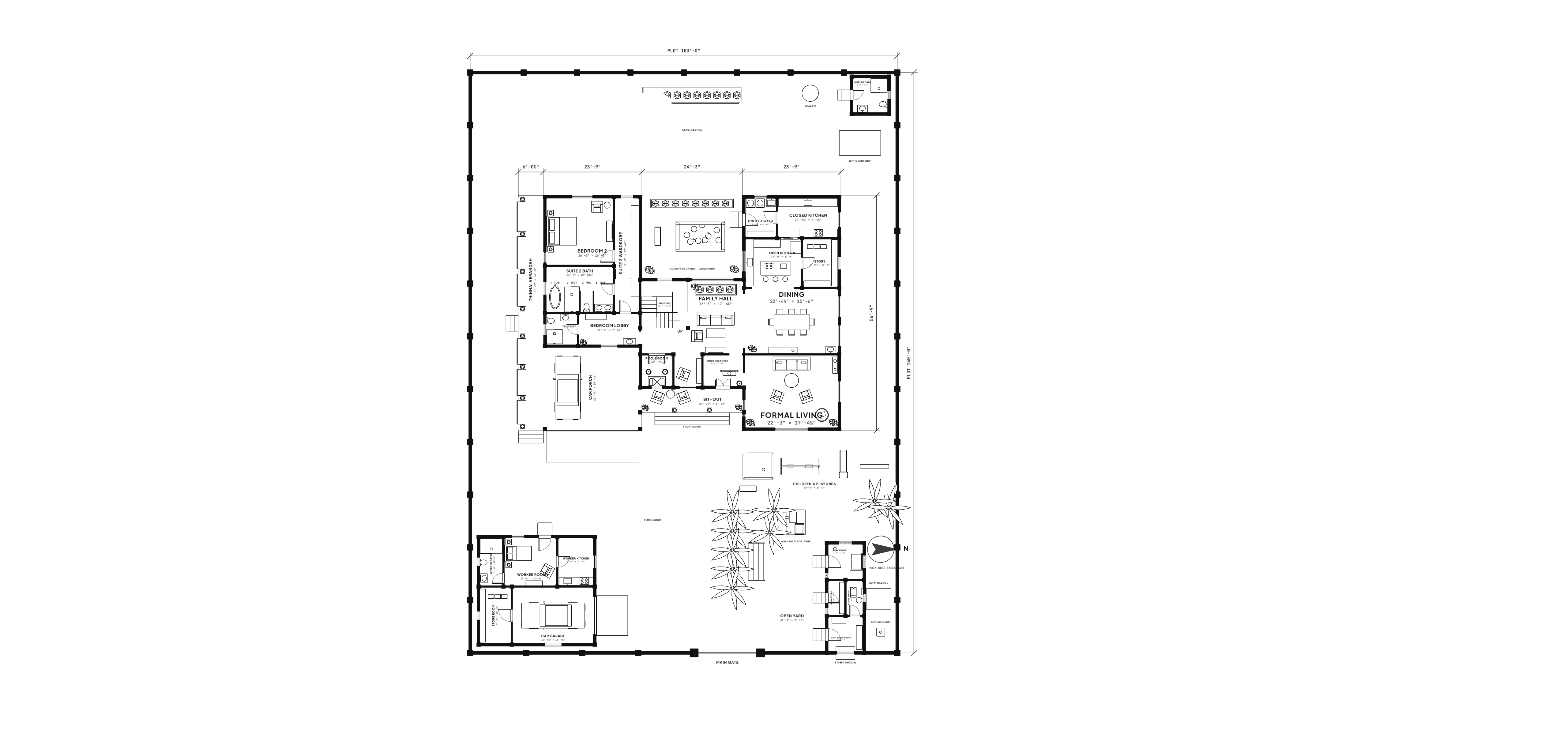 Black-and-white CAD drawing of the whole 103 by 140 foot plot: the H-shaped house in the middle, the garage and worker block at the bottom left, the sump corner and open yard at the bottom right, the outside bath and septic tank at the top