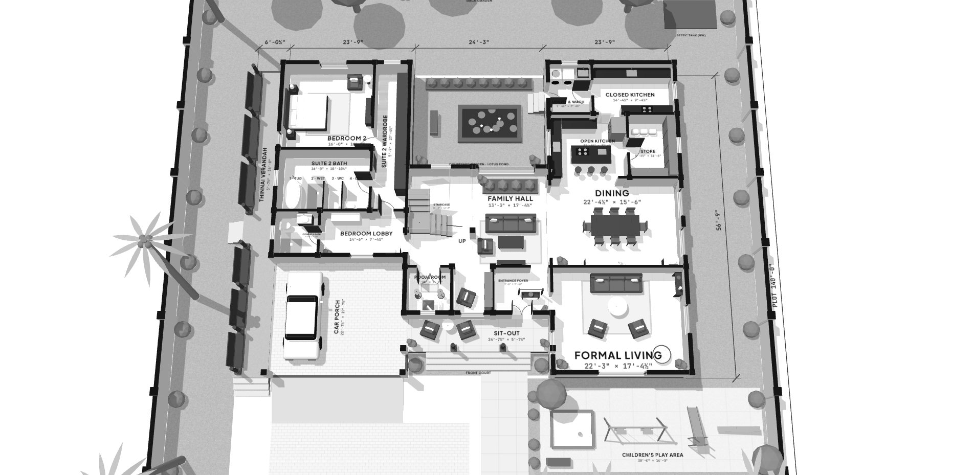 Ground floor 3D cutaway of the H-shaped duplex: car porch and thinnai verandah on the left, family hall and staircase in the middle, dining and formal living on the right, lotus pond court behind and a children's play area in front