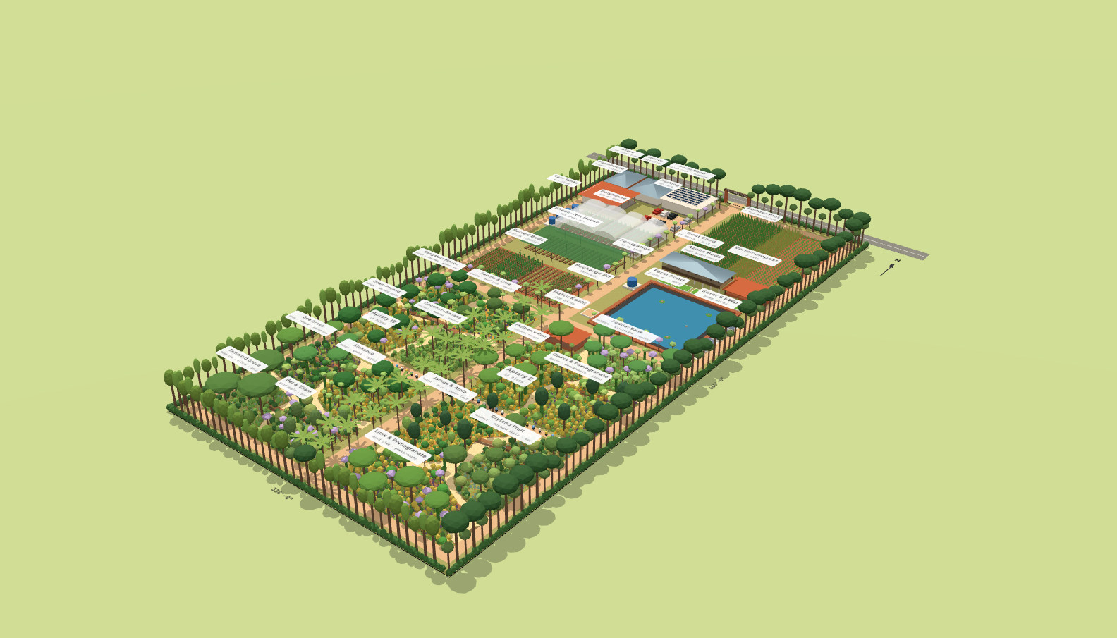 Isometric view of the five-acre farm in colour: a farm shop with solar panels and parking at the gate, a polyhouse and vegetable beds, a blue lined pond, goat sheds, and a large food forest of labelled guild patches behind, all inside a boundary of tall timber trees