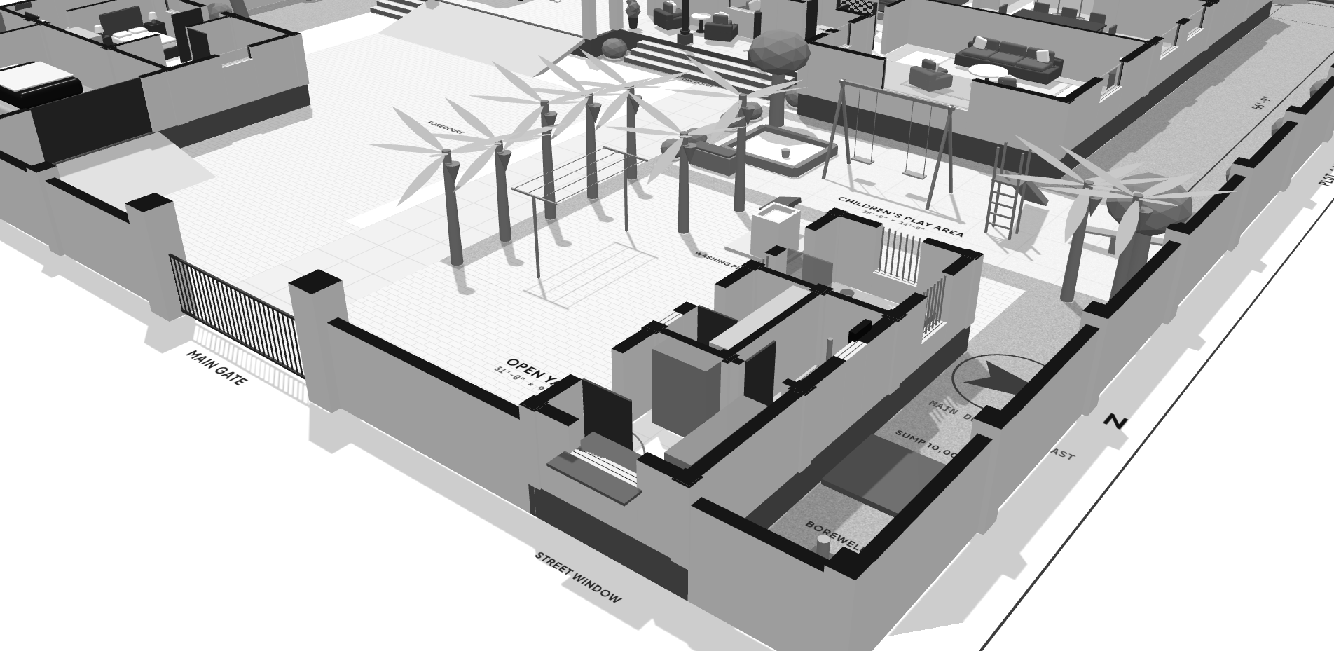 The north-east corner of the compound: main gate, the street-window shop, motor room, sump and borewell, the open wash yard with banana trees and a clothes line, and the play area with swings and a slide