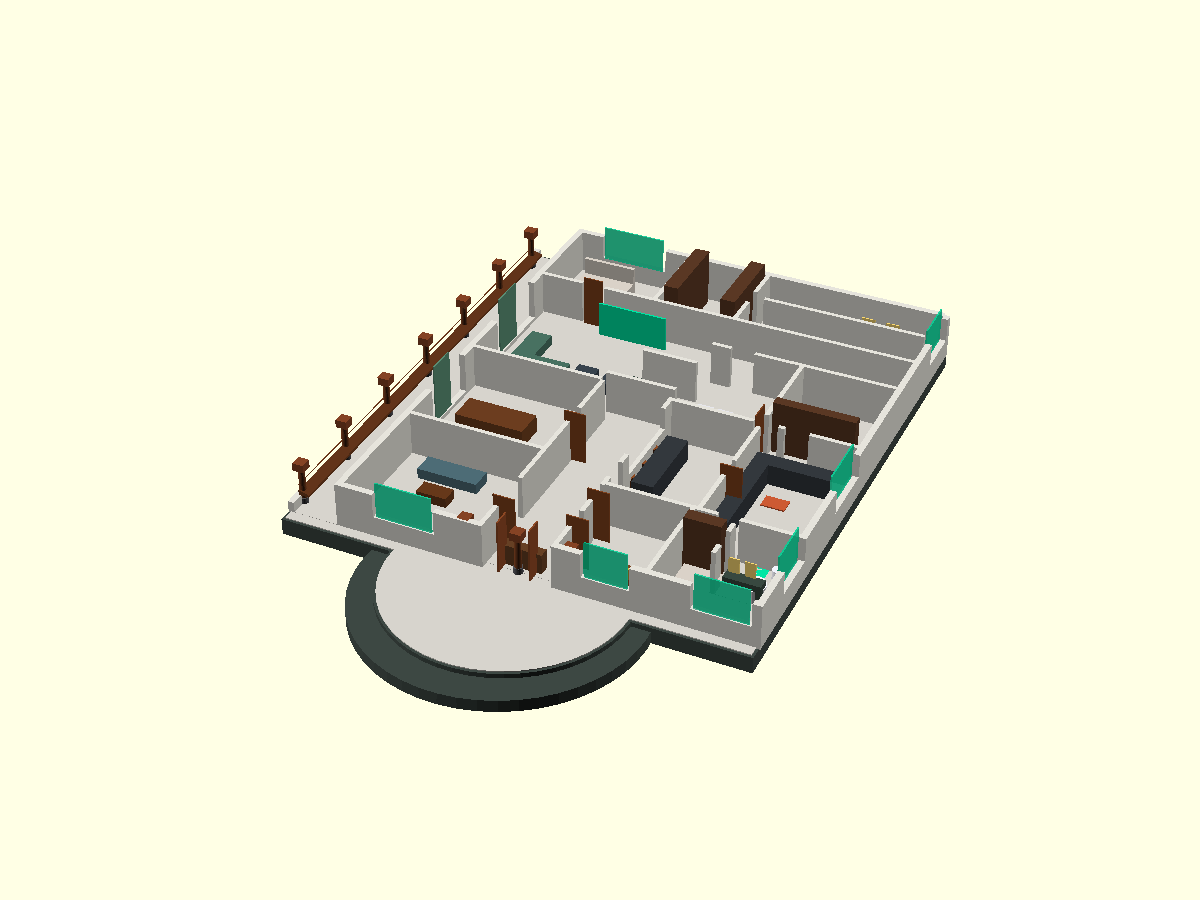 The first house: a tropical courtyard villa cutaway rendered in OpenSCAD, with brown furniture blocks, teal glass panels and a curved front court
