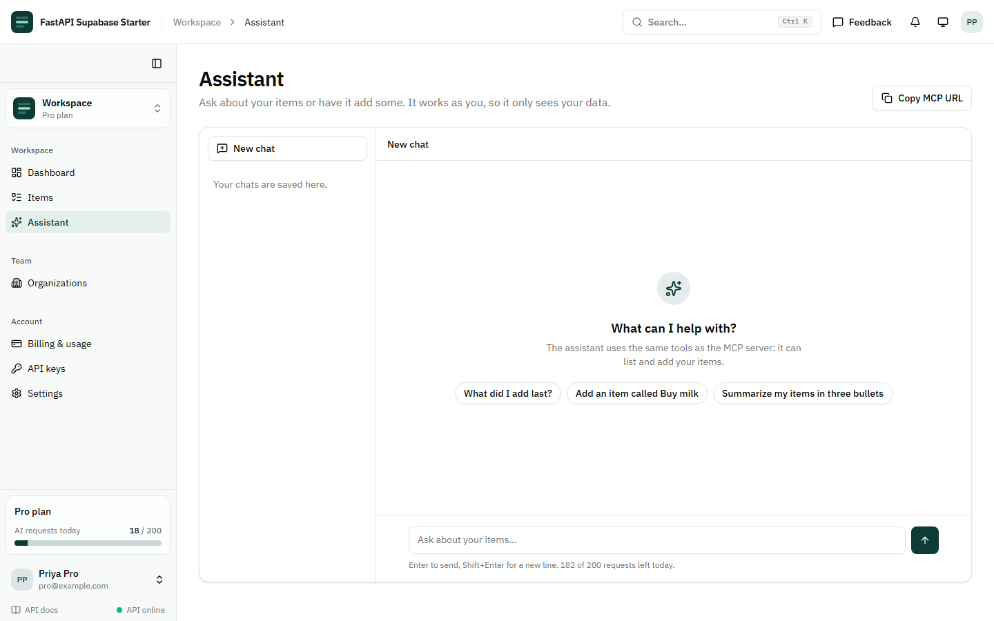 The assistant page: saved chats on the left, suggested prompts such as "What did I add last?" in the middle, a Copy MCP URL button at the top right, and a note that 182 of 200 requests are left today