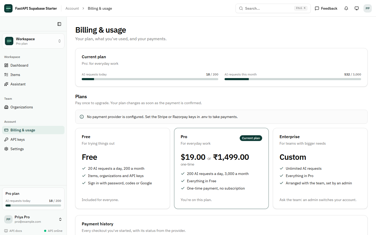 Billing and usage page: AI request meters for today and this month, then Free, Pro and Enterprise plans, with Pro priced at 19 dollars or 1,499 rupees as a one-time payment