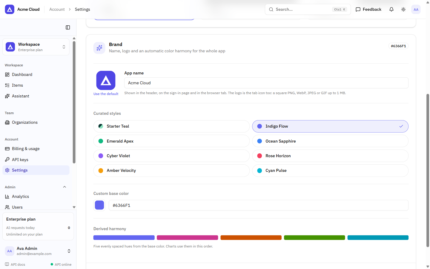 The Brand card in settings, renamed to Acme Cloud: an app name field, a logo, eight curated colour styles with Indigo Flow selected, a custom base colour, and five derived chart colours