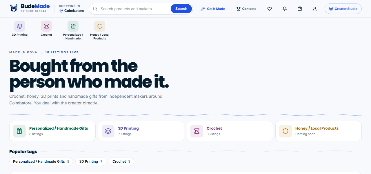 The BUDE MADE shop home page: a "Bought from the person who made it" headline over category cards for personalised gifts, 3D printing, crochet and honey